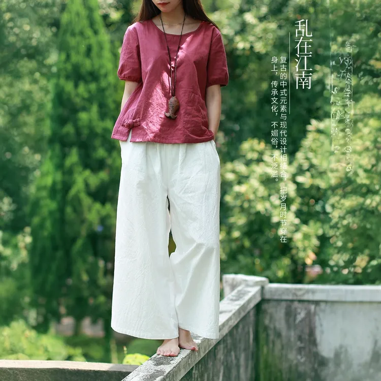 新中式直筒裤棉麻阔腿裤女夏季宽松九分裤复古民族风白色薄休闲裤