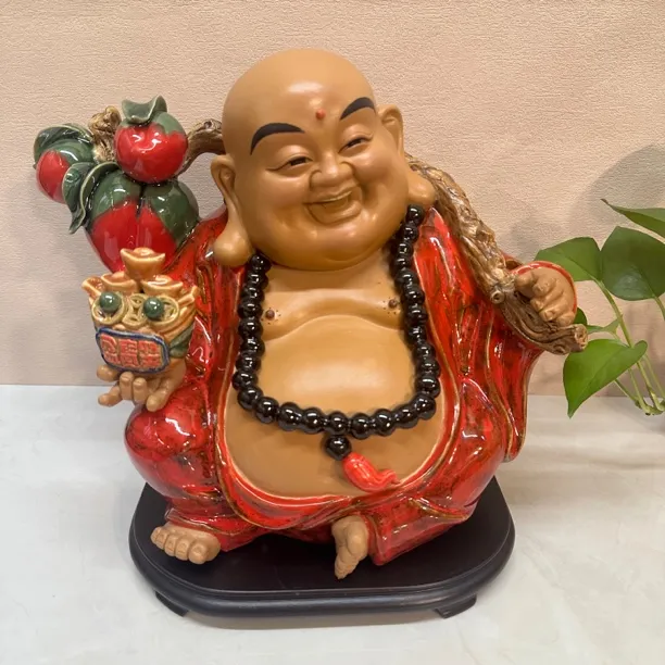 石湾公仔陶瓷摆件手工佛像弥勒笑佛家居装饰长32宽21高26cm