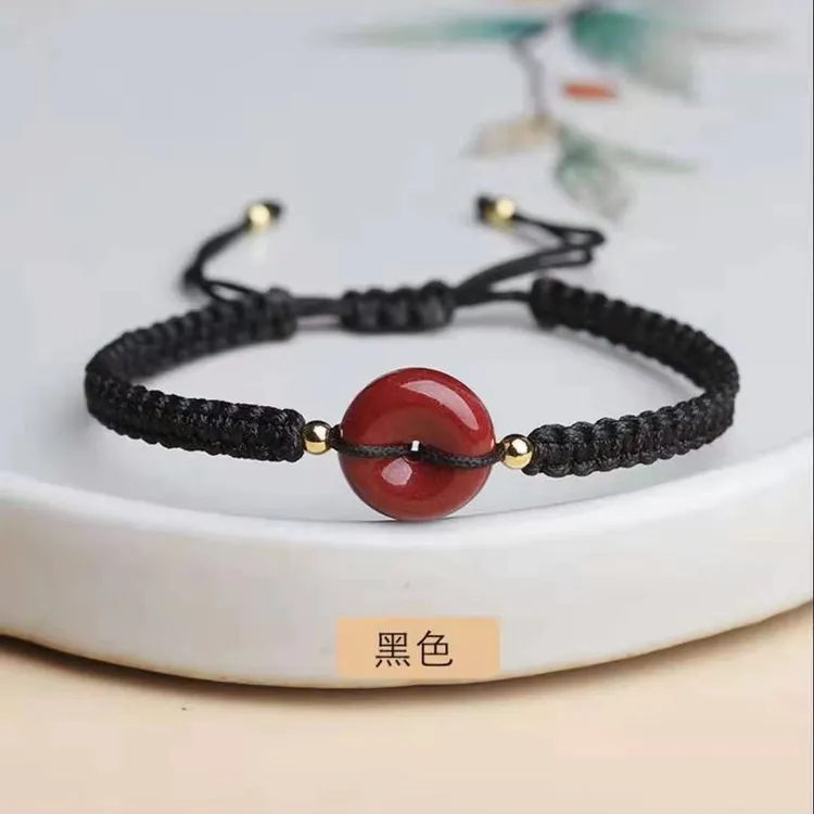 铜合金布艺手链 时尚简约手工编织情侣女款朱色沙石平安扣手链