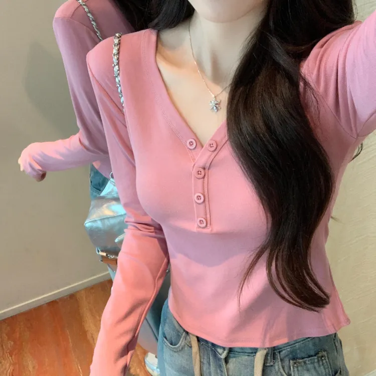 粉色纯欲V领修身长袖T恤2025秋季新款甜辣女内搭独特别致小衫上衣