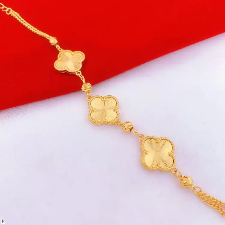 合金手链 四叶草时尚手链百搭双面经典气质丝花金手链女士素款