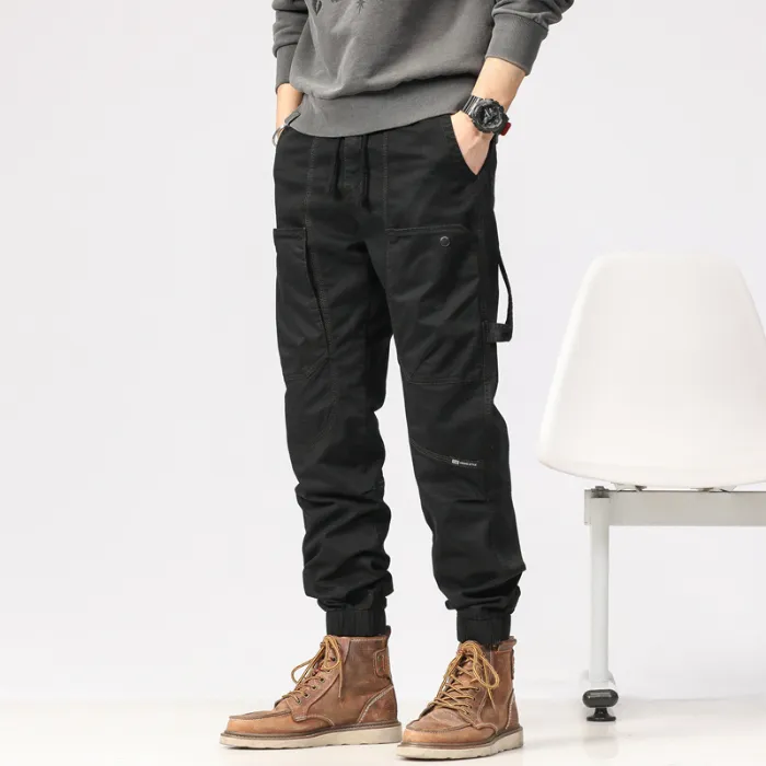 秋冬新款美式潮牌工装裤男帅气松紧腰直筒多口袋青年束脚休闲裤男