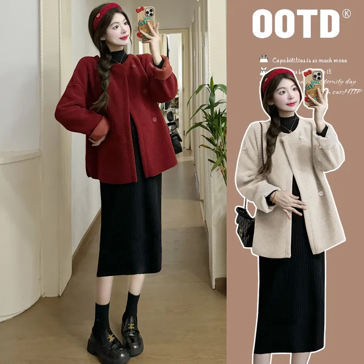 （清仓） 孕妇秋冬装羊羔绒红色新年气氛毛衣中长款套装减龄显瘦