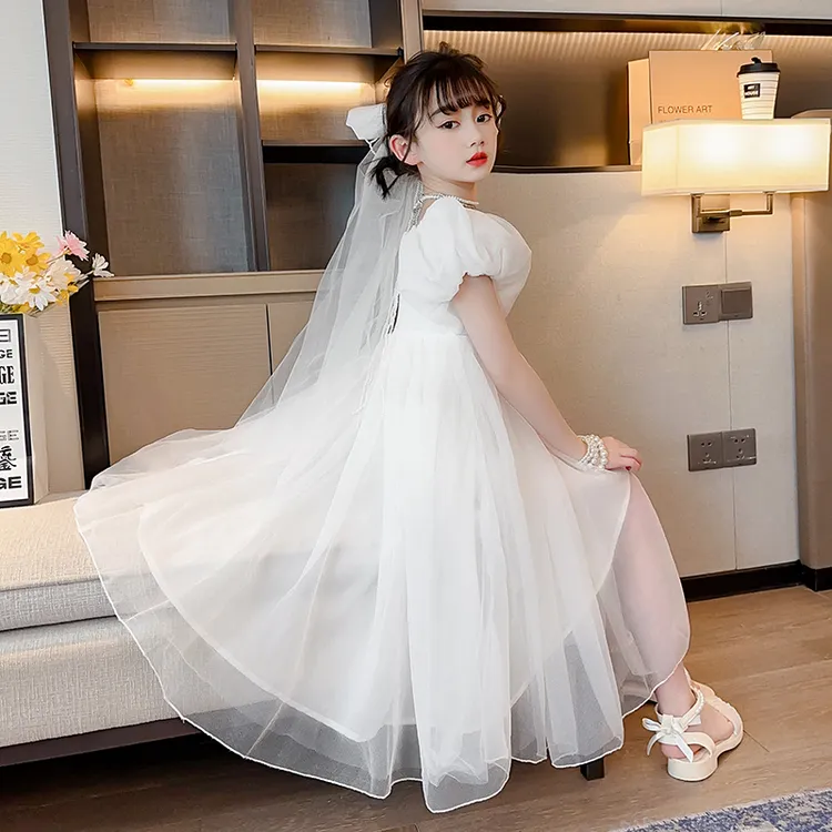 女童网纱连衣裙夏季新款儿童生日礼服裙子小女孩泡泡袖公主裙洋气