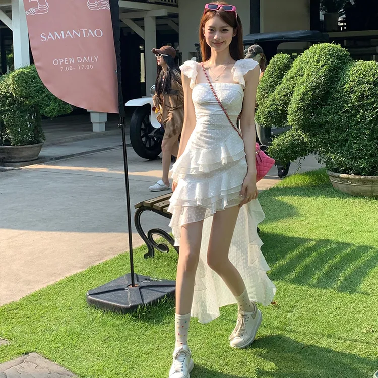 2025夏季印花波点小飞袖连衣裙不规则辣妹拖尾长裙蕾丝纯欲包臀裙