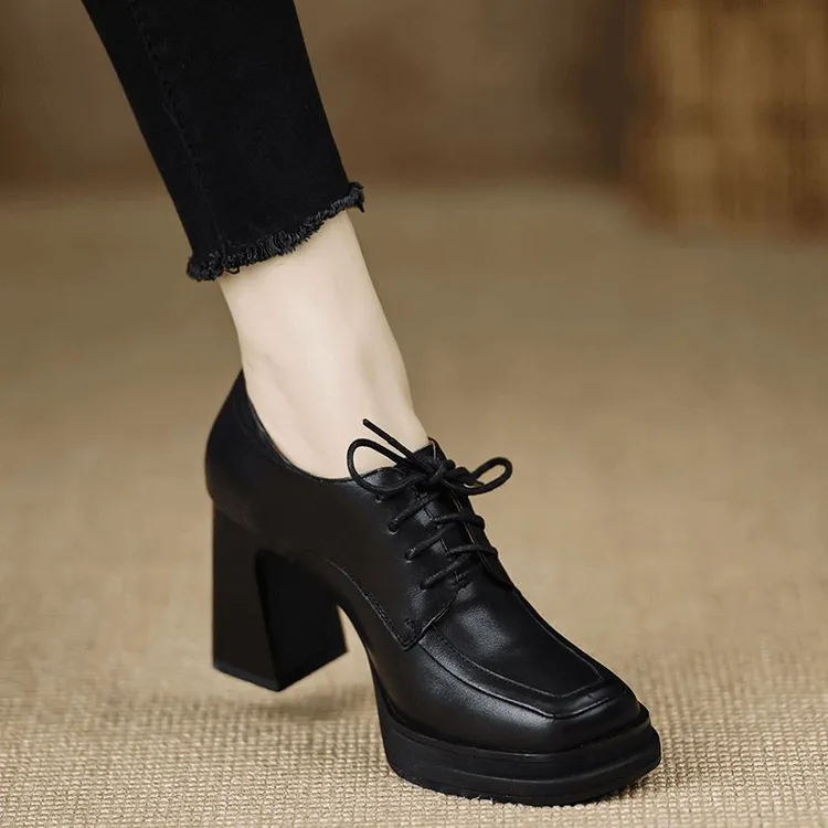 手工真皮女鞋~8.4cm新款高跟防水台舒适粗跟深口单鞋系带黑色方头