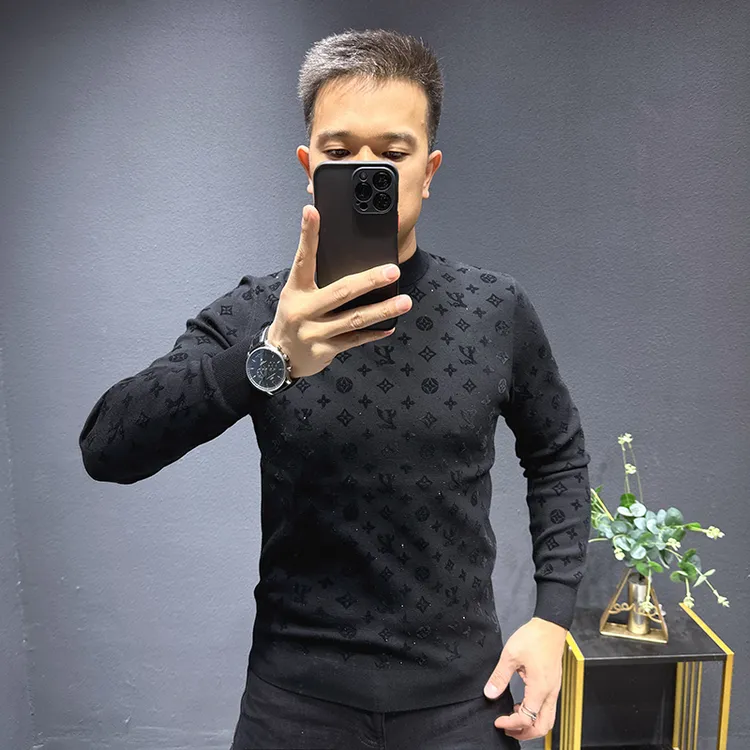 欧货羊毛衫加厚宽松男装圆领植绒长袖打底毛线衣青年时尚打底衫男