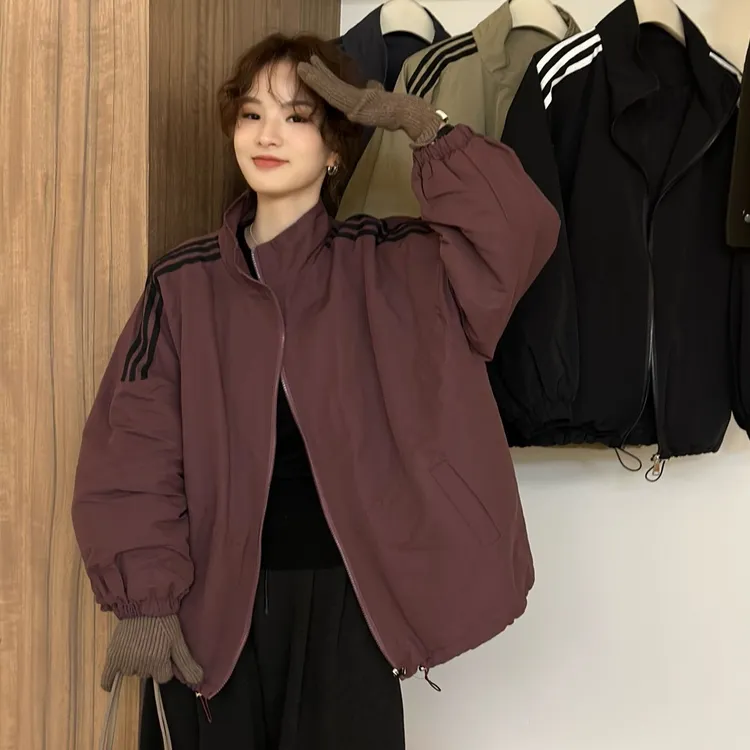 秋季立领拼接洋气宽松显瘦加棉外套冬新休闲风潮流夹棉上衣女