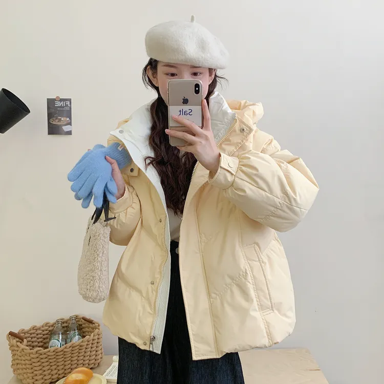 曼德西比利羽绒服女短款拼色小个子加厚白鸭绒连帽爆款面包服外套