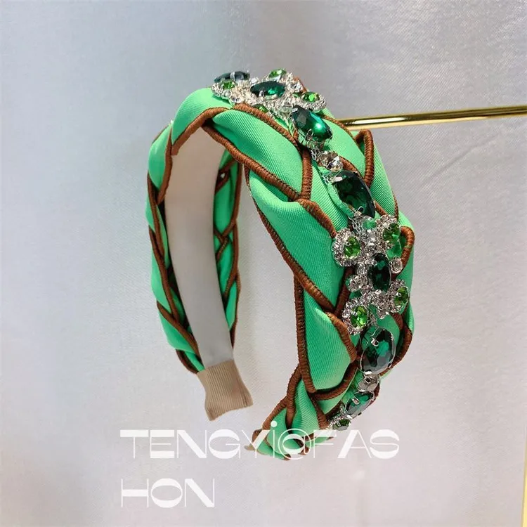 新款时尚欧美滑丝布料编织麻花镶钻个性发箍宽边显脸小发饰头箍