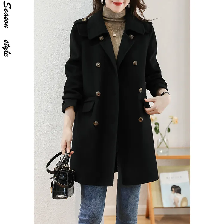 娃娃领黑色双面羊毛大衣女新款秋冬季时尚显瘦毛呢子大衣外套5205