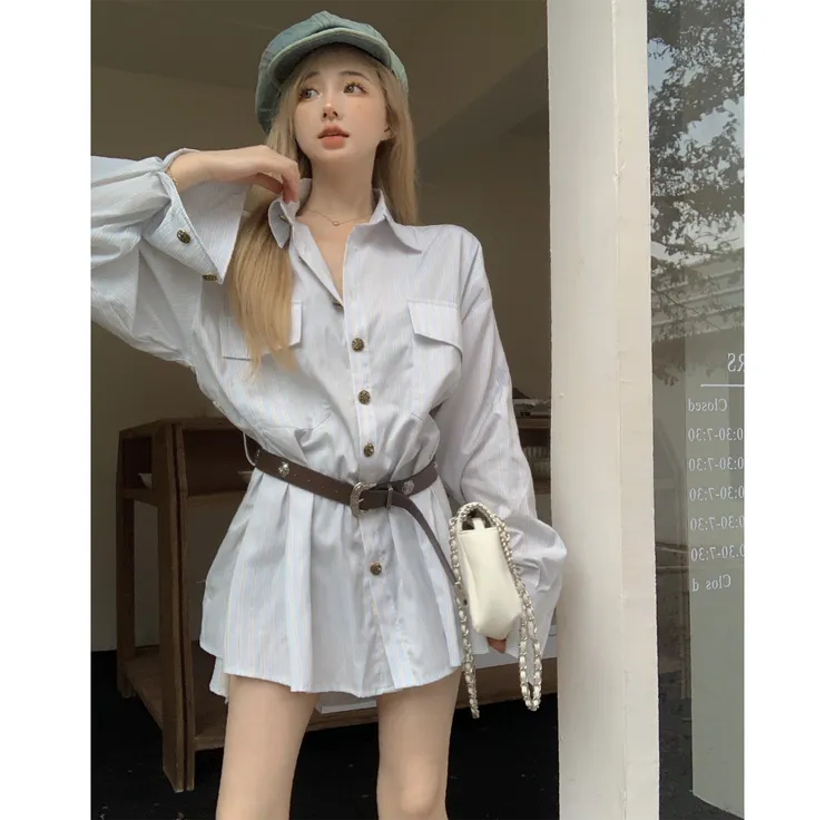 浅蓝色条纹polo领衬衫裙长袖连衣裙女春宽松显瘦上衣