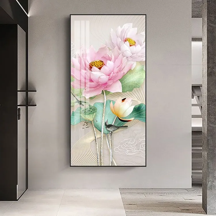 进门入户竖版来图挂画晶瓷新中式荷花玄关装饰画晶瓷画走廊过道