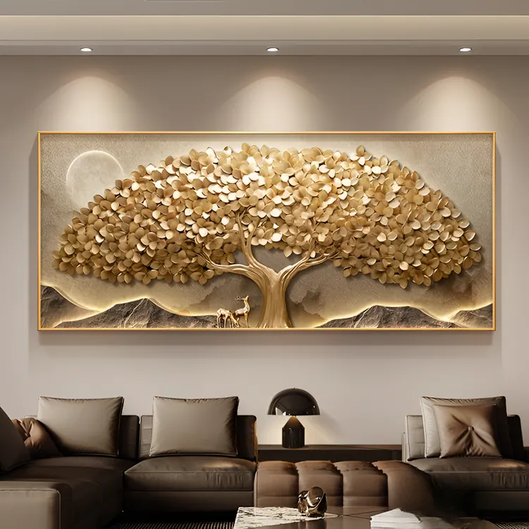 现代轻奢发财树客厅装饰画高档大气沙发背景墙挂画寓意好山水壁画