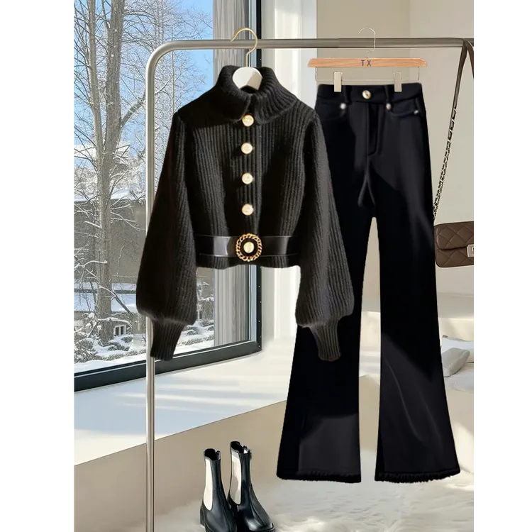 舒适显瘦轻熟两件套女2024初冬大码胖MM时尚流行新款通勤毛衣套装