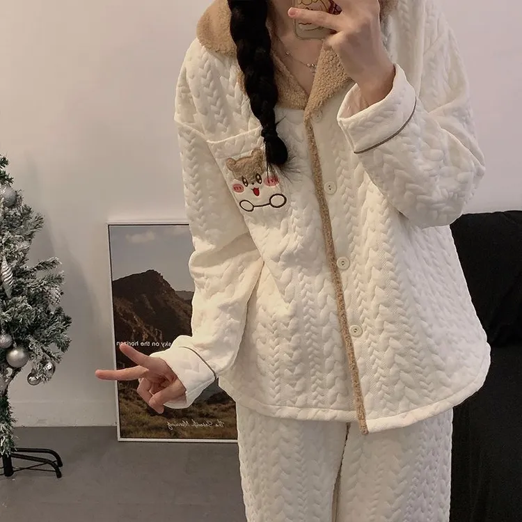 秋冬季新款可爱学生加厚可外穿空气棉夹层卡通少女睡衣女家居套装