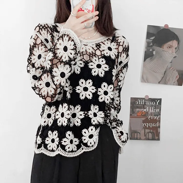 欧货重工上衣镂空针织衫女套头设计感宽松高端韩系镂空薄款富婆风