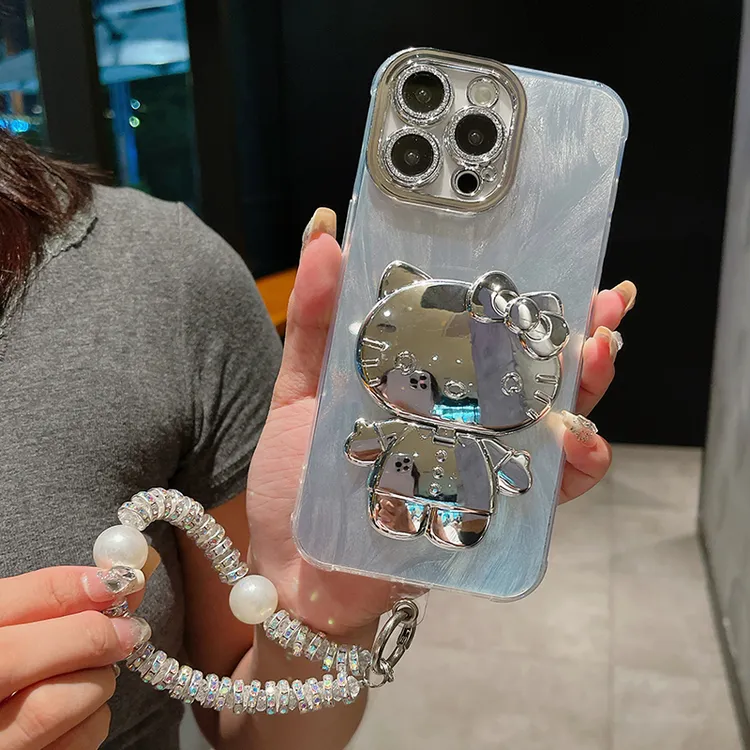 适用苹果/华为/oppo/vivo/小米/荣耀羽纱银色KT猫支架手机壳