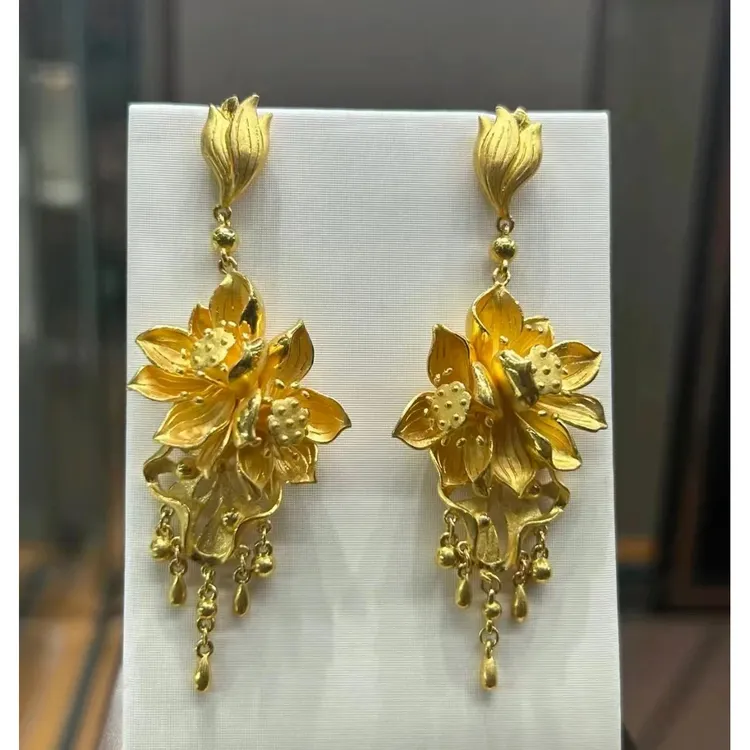 耳饰古法轻奢花月佳期花开并蒂荷花流苏金色耳钉气质时时尚
