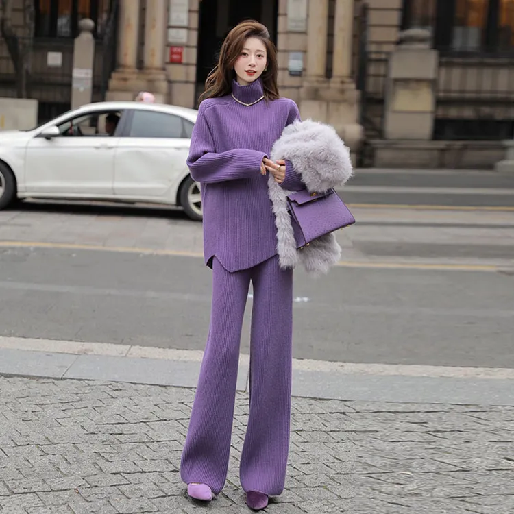 紫色小香风针织毛衣套装2025新款气质名媛高级感阔腿裤两件套女秋