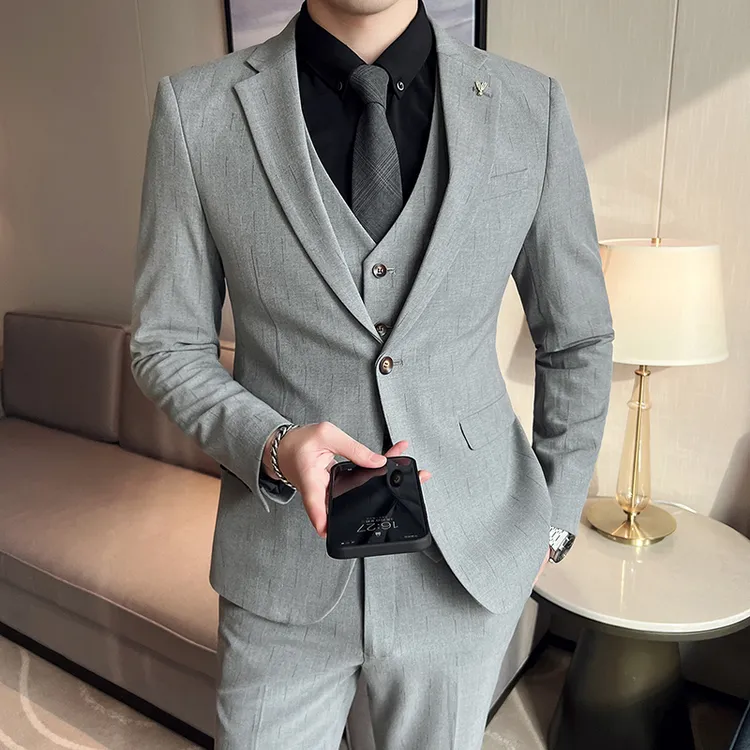 高端灰色西装套装男士三件套韩版商务修身正装西服外套结婚礼服男