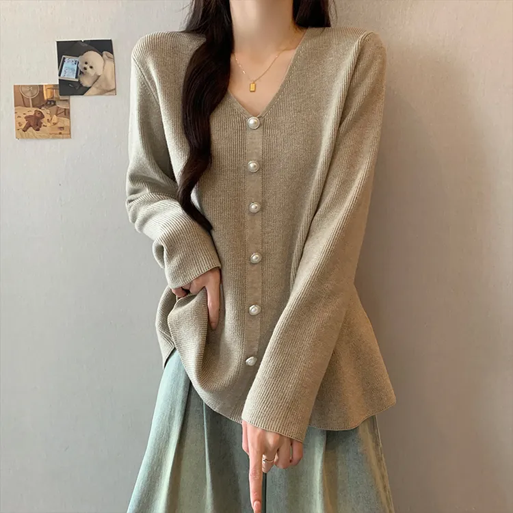 宽松遮肚【80-180斤】法式荷叶边V领针织衫毛衣女秋冬季打底衫上衣