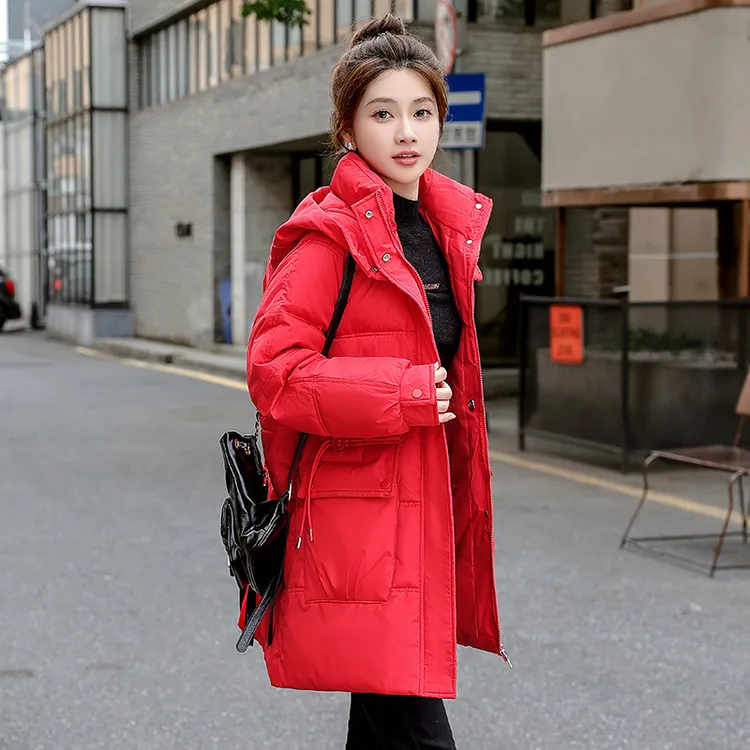 中长款棉服小个子修身显瘦棉袄2024冬季新款连帽加厚棉衣外套女