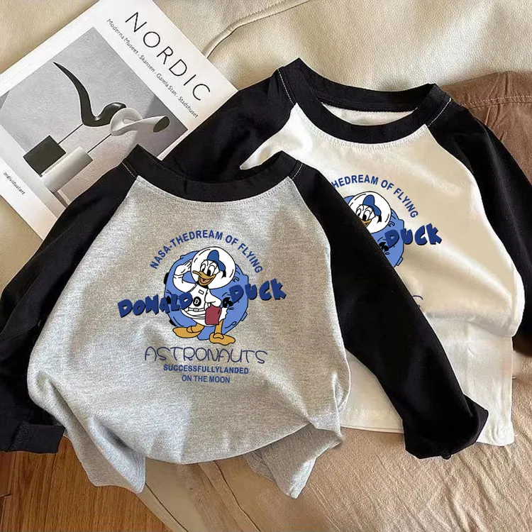 唐老鸭衣服儿童长袖T恤男童拼色插肩袖长袖纯棉上衣秋装打底衫潮