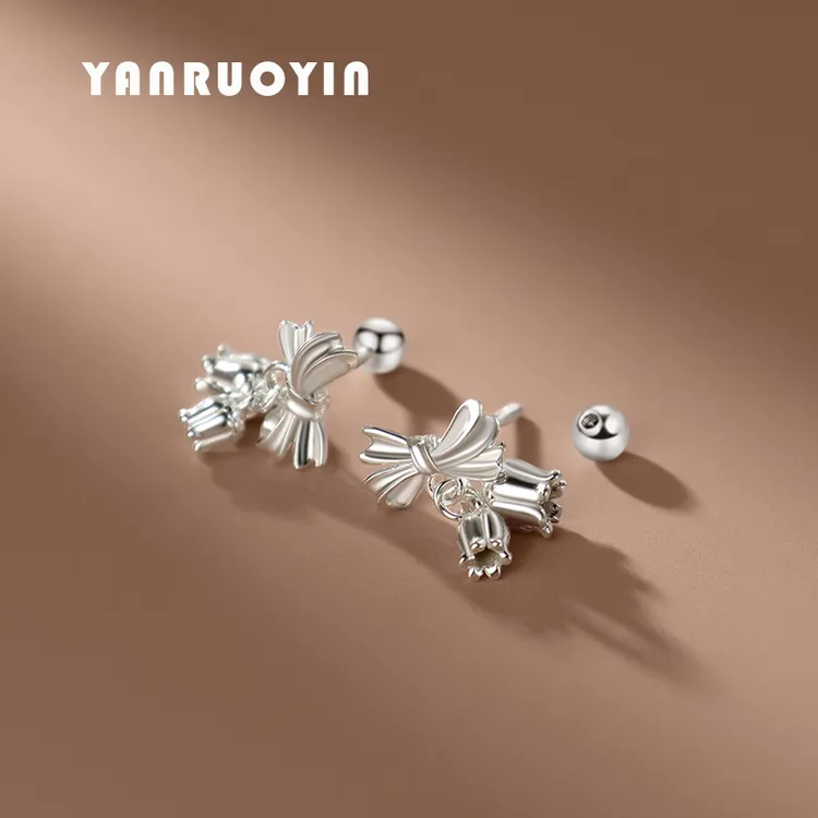 言若银 足银耳饰 999纯银耳钉女铃兰蝴蝶结设计森系甜美养耳ED20