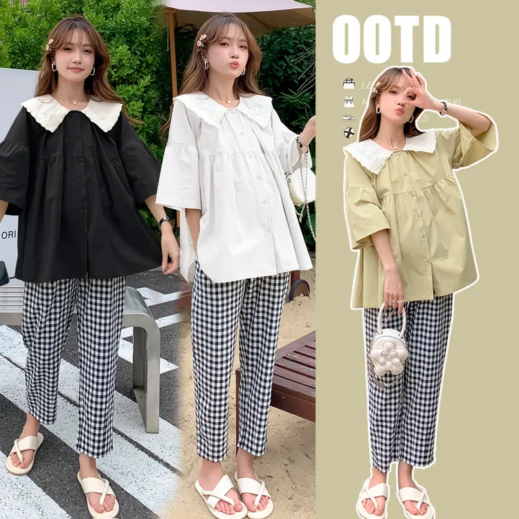 孕妇上衣夏装新款减龄娃娃衫大码翻领短袖衬衫宽松遮肚衬衣300斤