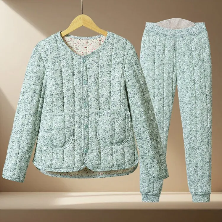 老年人打底棉衣棉裤套装女奶奶夹棉保暖衣两件套太太秋冬居家棉服