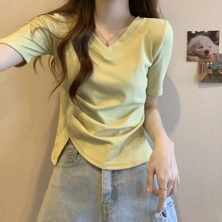 纯棉修身韩版不规则褶皱v领正肩上衣女百搭小众设计感夏季短袖T恤