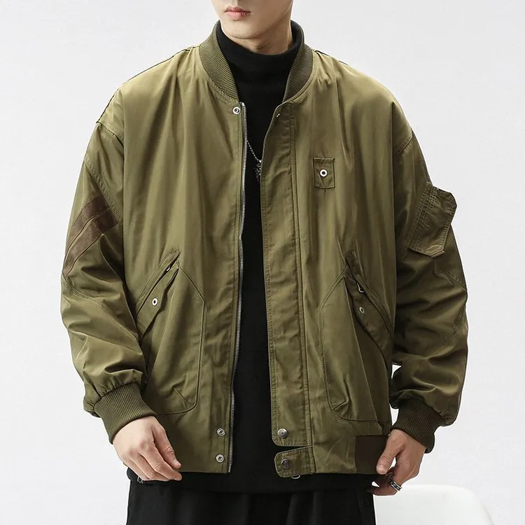 美式重磅复古军绿色棒球服外套男女同款秋冬宽松潮牌休闲工装夹克