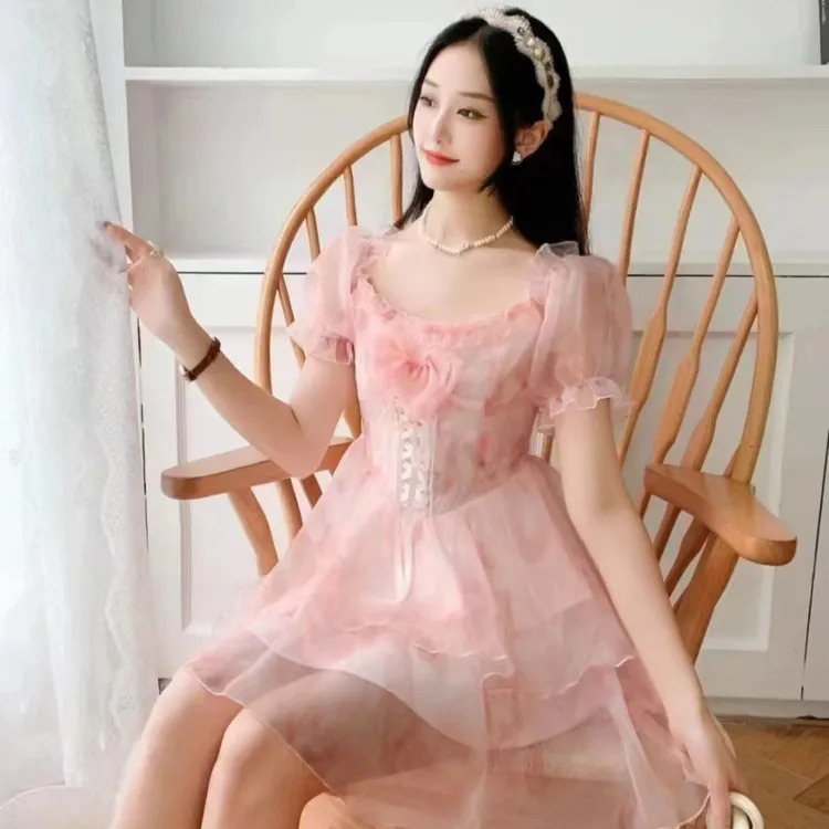 新款夏季甜美蝴蝶结公主连衣裙少女新款蓬蓬裙设计法式收腰连衣裙