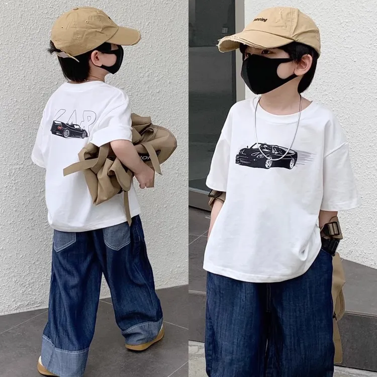 【纯棉】韩版夏装白色短袖T恤汽车印花2024款儿童半袖宽松t夏天洋气
