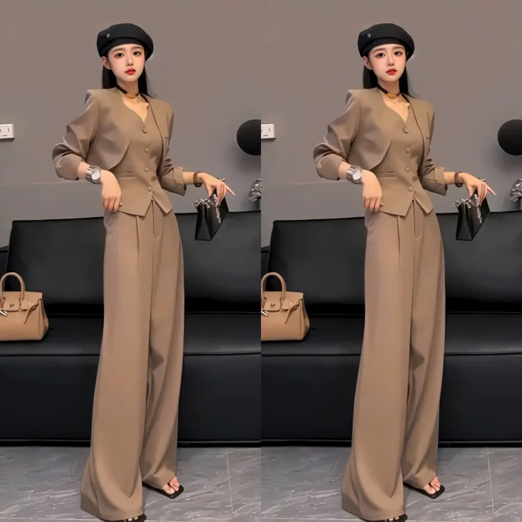 爆款休闲秋季时尚新款套装高级西装外套马甲阔腿裤气质三件套显瘦