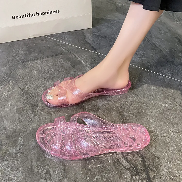 【不臭腳】百搭透明水晶拖鞋平底時尚一字拖涼拖鞋女款女士轻奢