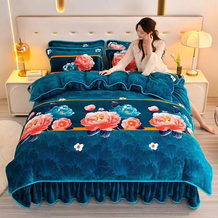 新款加绒加厚牛奶绒四件套保暖舒适床裙床单双面绒加厚毛绒水晶绒