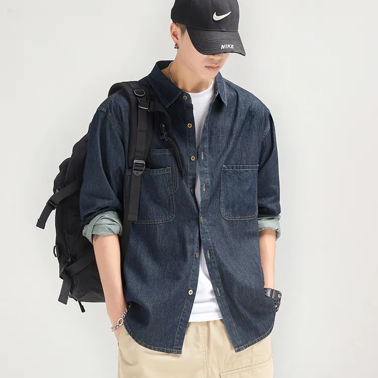 美式经典深蓝帅气软牛仔休闲衬衫男秋季微宽松工装长袖衬衣外套男