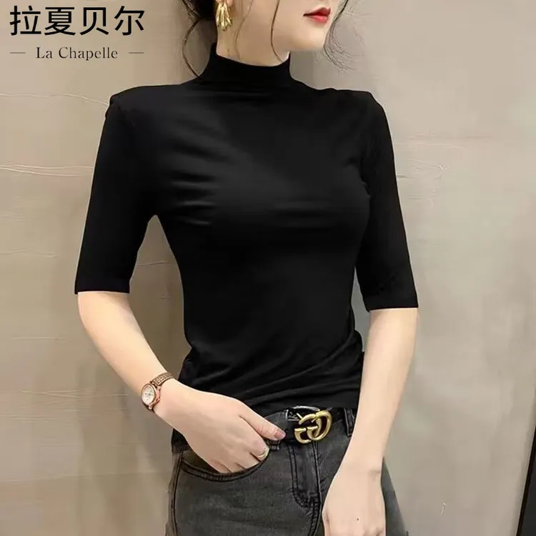 拉夏贝尔黑色半高领中袖T恤短袖新款洋气紧身打底内搭上衣打底衫