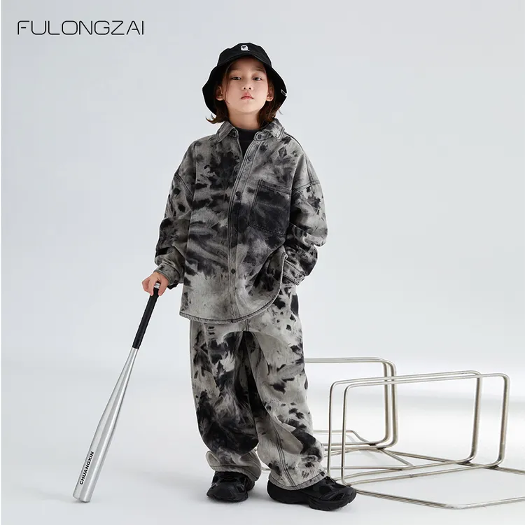 男童潮酷童装衬衫裤子2024秋冬新款中大儿童时髦宽松扎染两件套装