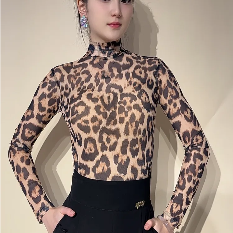 YRSS舞服设计师极简范高领加厚加密豹纹网纱气质长袖摩登舞服