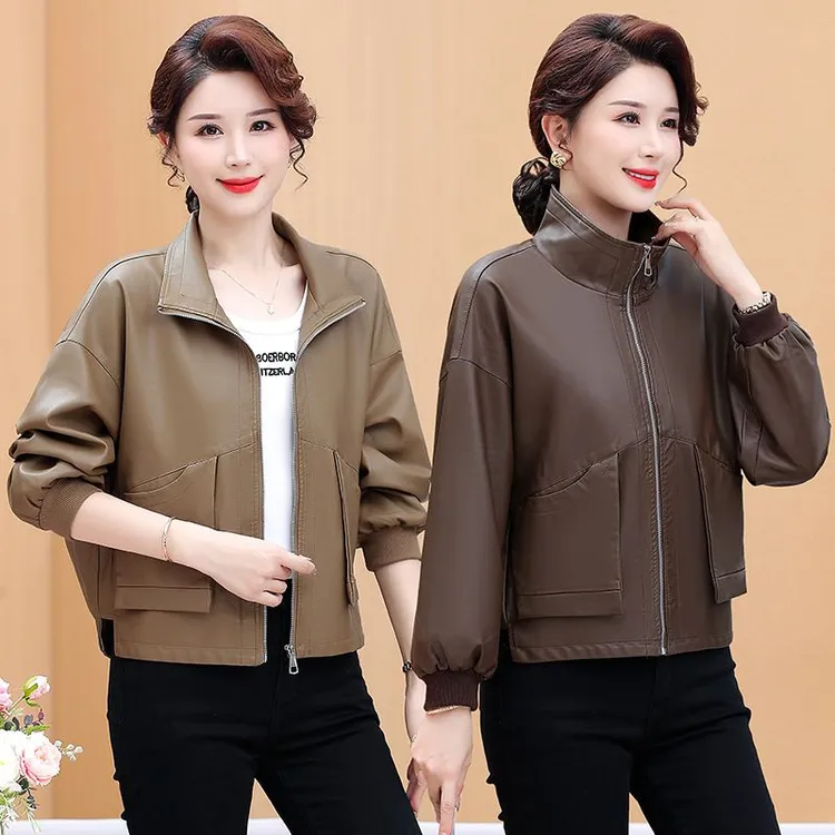春秋PU皮衣女2024中老年女装大口袋休闲开衫J短款拉链妈妈装外套