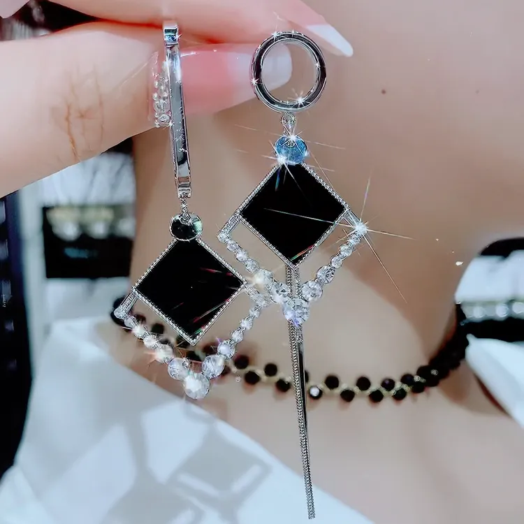 铜合金玻璃耳饰 669-精致黑色显白个性气质潮流韩系百搭长款耳环