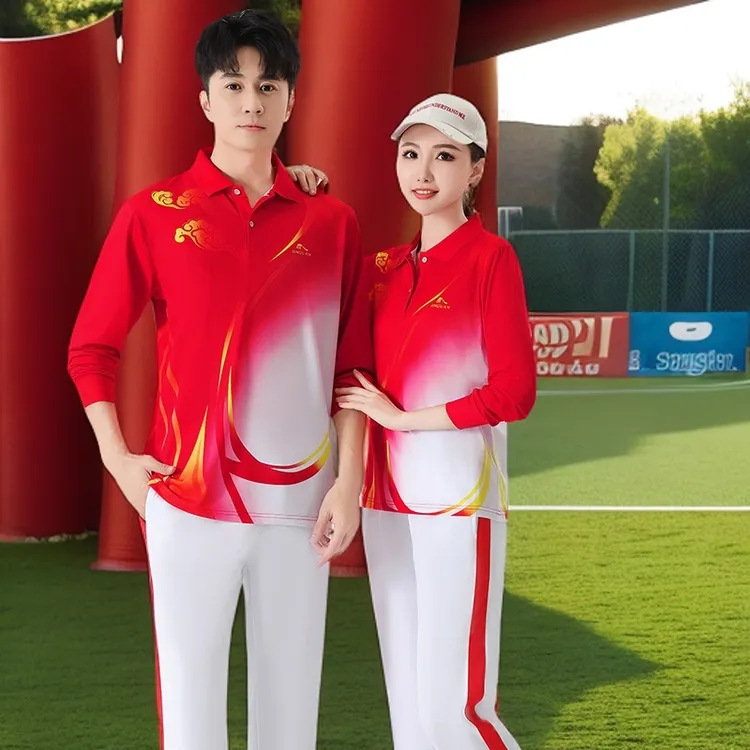 晋冠男女春秋长袖T恤学生国家队长袖训练健身服Polo红色速干网眼