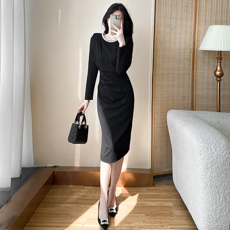 连衣裙显瘦气质长袖黑色包臀时尚法式修身收腰显瘦秋季名媛女神职