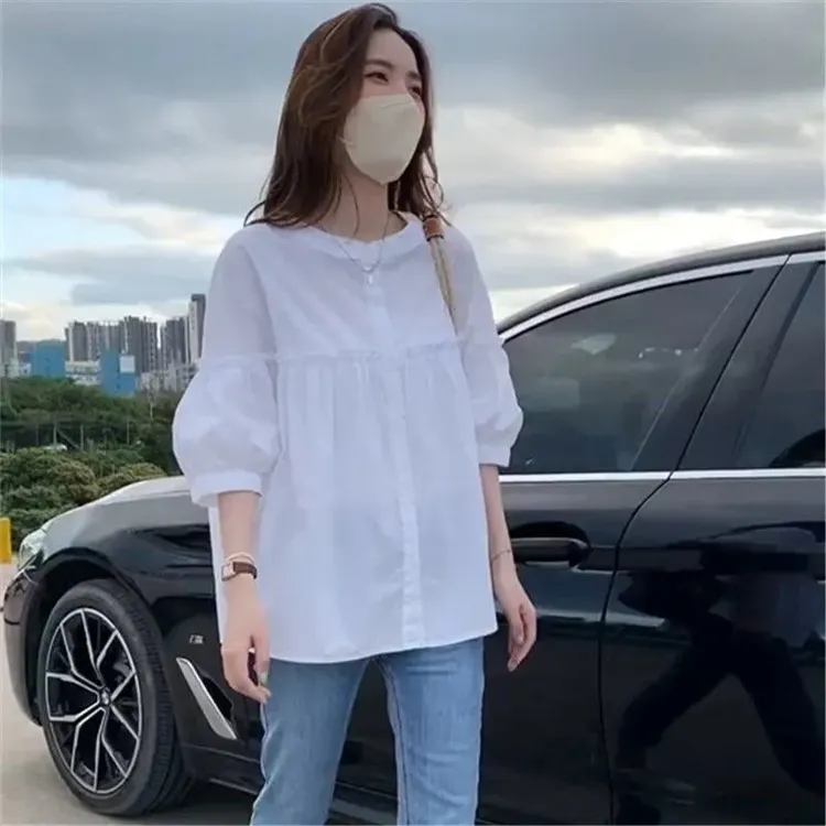 2025新款夏季洋气短袖衬衫宽松显瘦遮肉百搭减龄白色休闲衬衣女