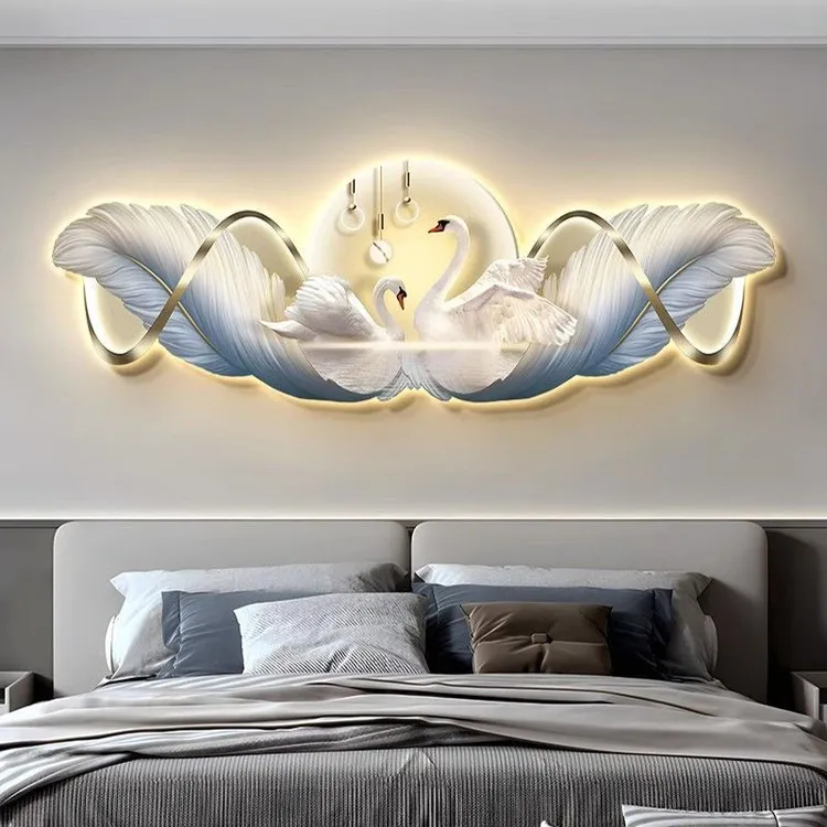 现代轻奢卧室简约装饰画床头高级羽毛客厅温馨挂画天鹅led灯壁画