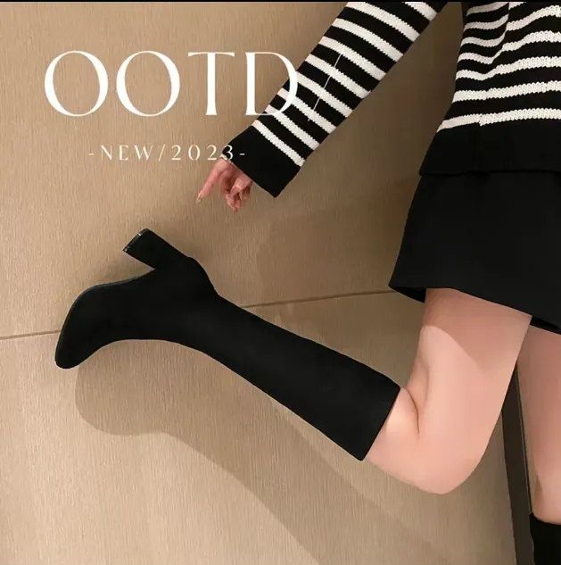 【尖头】弹力瘦瘦靴不过膝2024秋冬显瘦显高粗跟百搭中筒小个子长靴