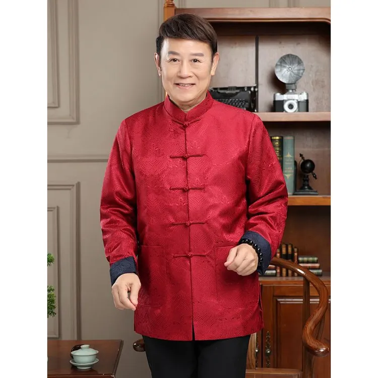 两面穿爸爸装中国风外套装唐装男装缎面中老年夹克老人爷爷春秋款